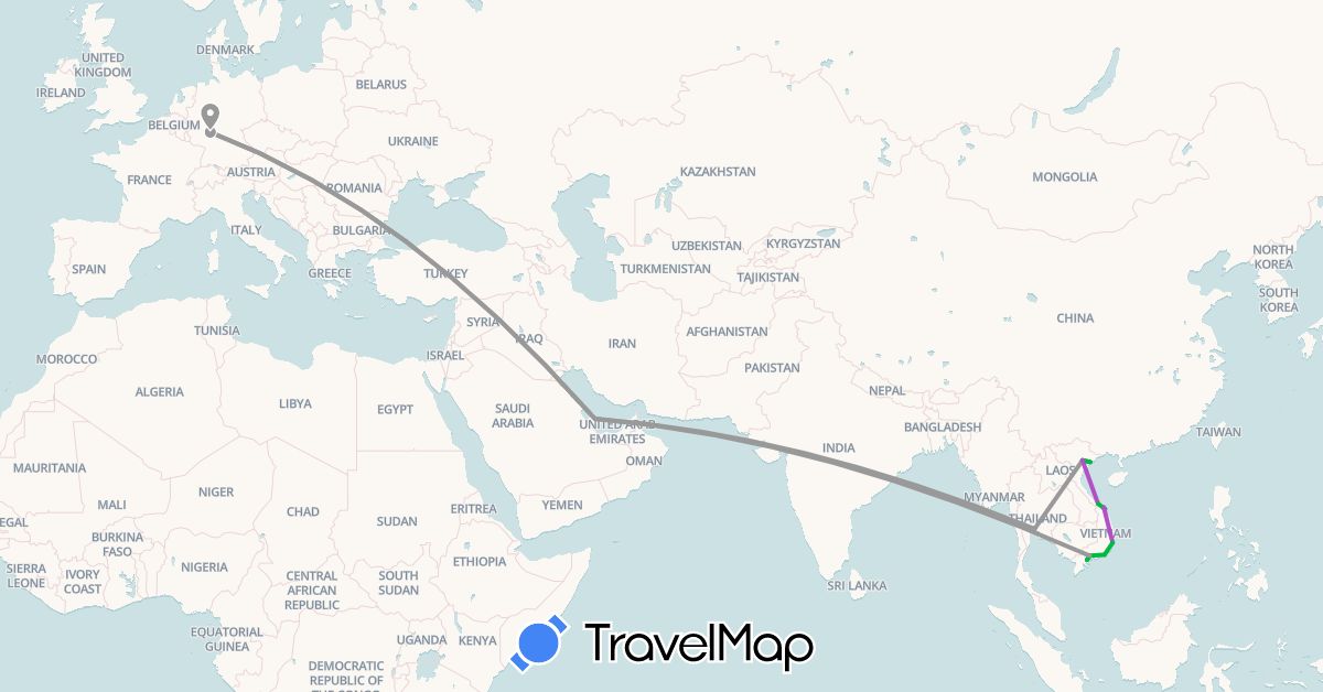 TravelMap itinerary: driving, bus, plane, train in Germany, Qatar, Thailand, Vietnam (Asia, Europe)