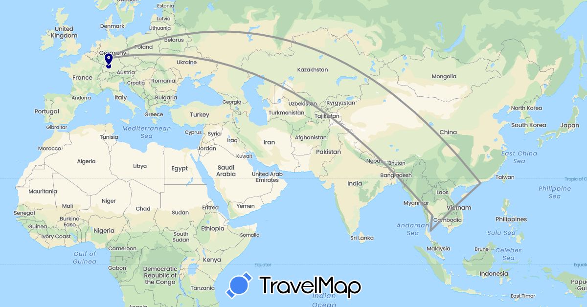 TravelMap itinerary: driving, plane in Germany, Hong Kong, Thailand (Asia, Europe)