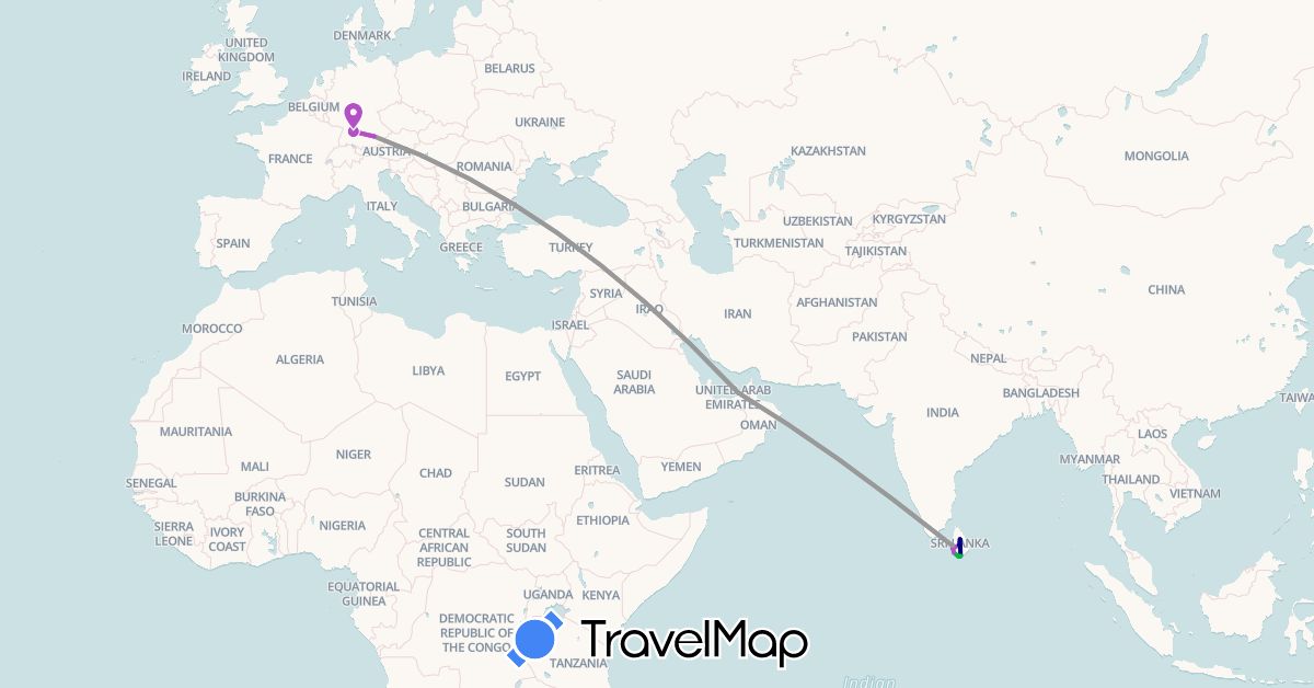 TravelMap itinerary: driving, bus, plane, train in United Arab Emirates, Germany, Sri Lanka (Asia, Europe)